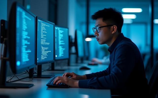 전문적인 모습으로 컴퓨터 앞에서 코딩하는 핀테크 개발자